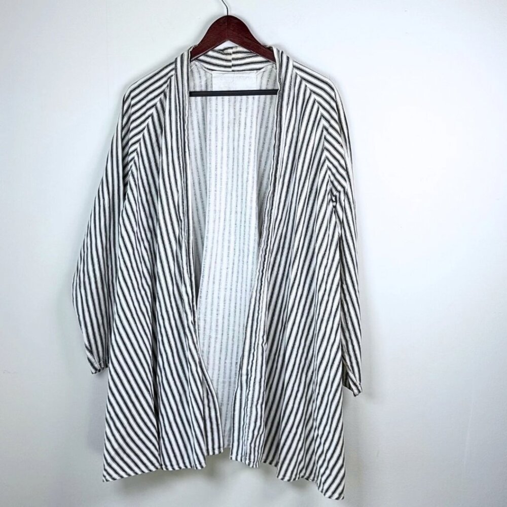 Vintage 90s Oversized Cardigan Garment Dyed Cotton White Pinstripe Large Boho